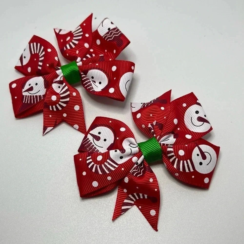 One Pair (2) Matching Girls Red Snowman Christmas Hair Clips